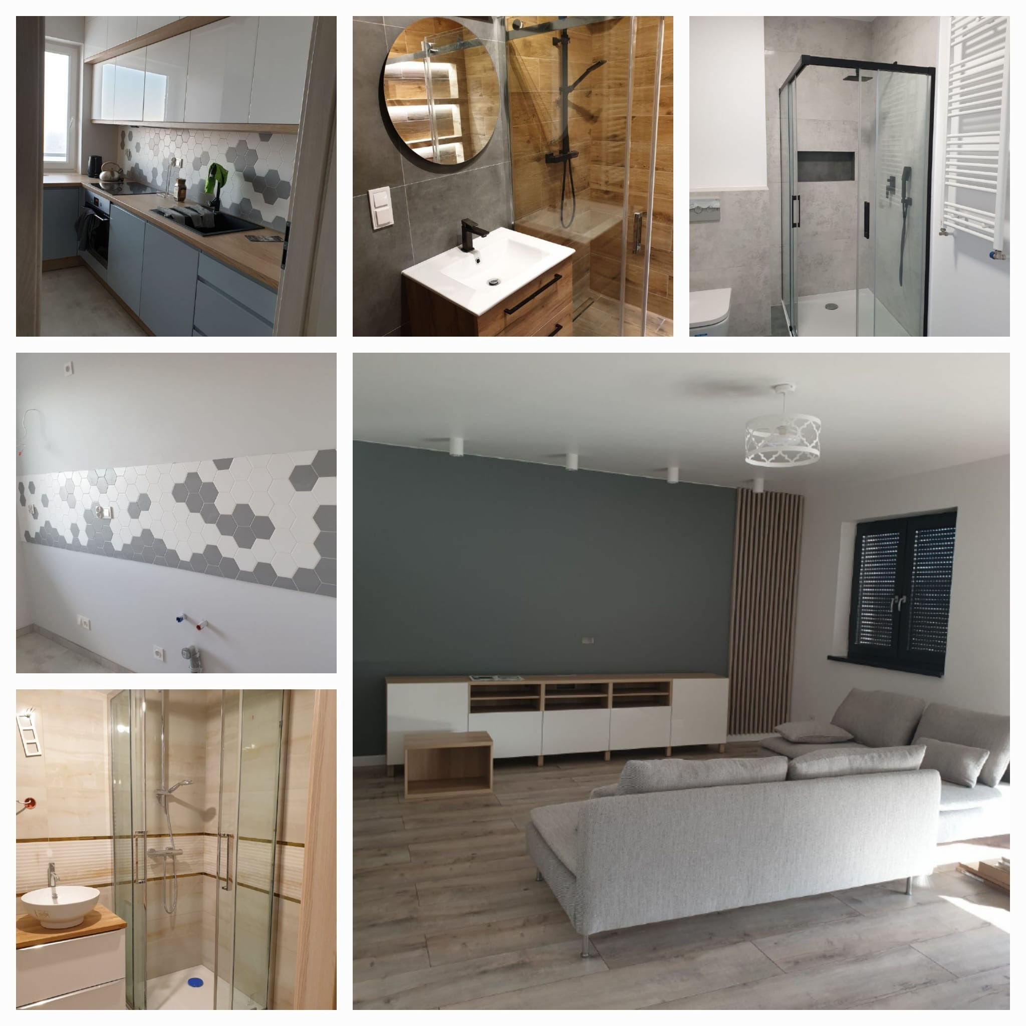 Kolaż zdjęć prezentujący różnorodne, nowocześnie urządzone wnętrza: kuchnię z heksagonalnymi płytkami, łazienki z kabinami prysznicowymi i salon z szarą ścianą.