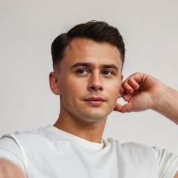 MG GROUP SPÓŁKA Z OGRANICZONĄ ODPOWIEDZIALNOŚCIĄ - Portret młodego mężczyzny w białej koszulce, z ręką przy uchu, spoglądającego w bok. Zdjęcie wykonane w studio w Poznaniu, oświetlenie naturalne.