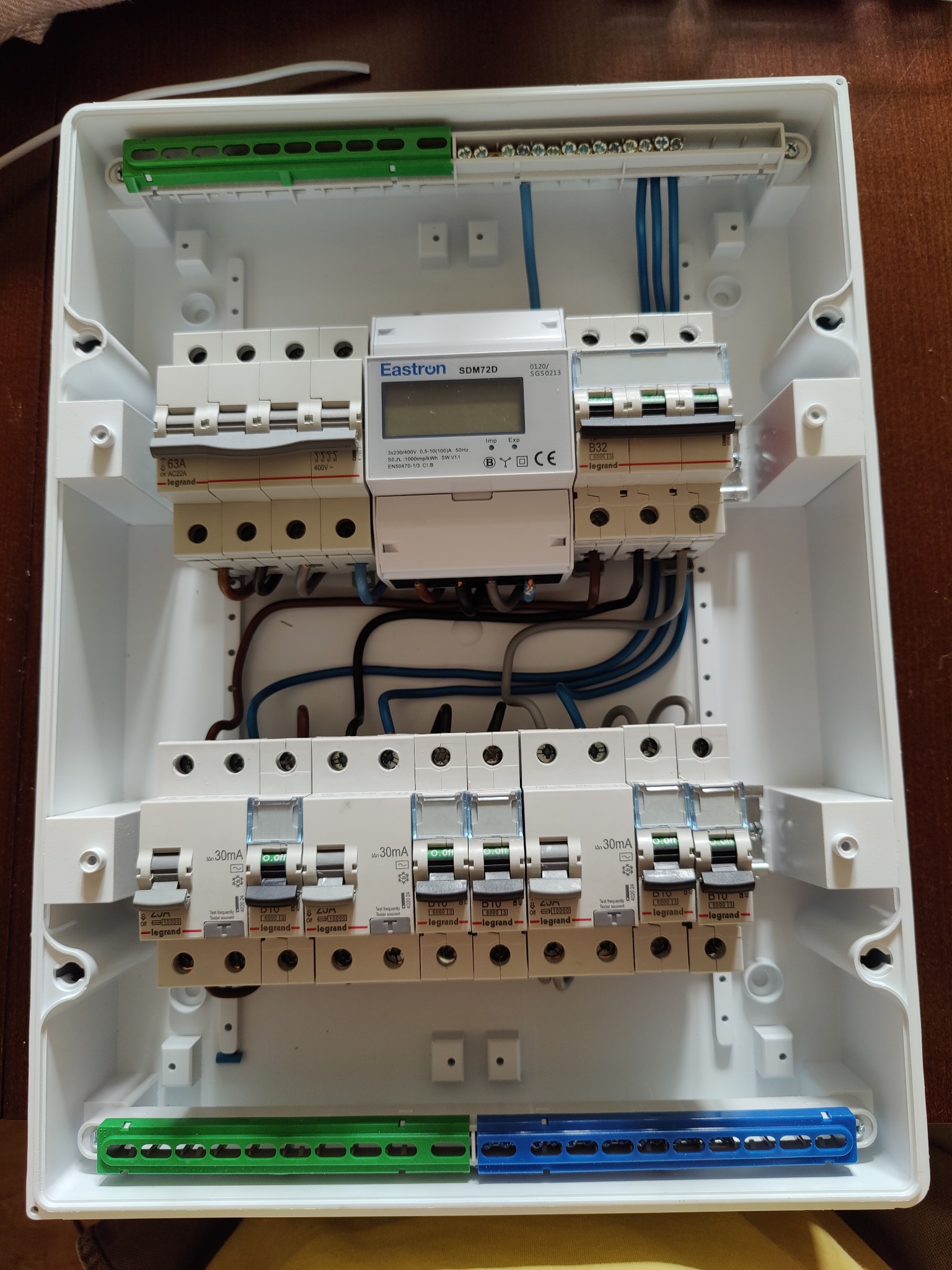 Rozdzielnica elektryczna w białej obudowie z zainstalowanymi bezpiecznikami, licznikiem energii i okablowaniem. Widoczne elementy marki Legrand i Eastron.