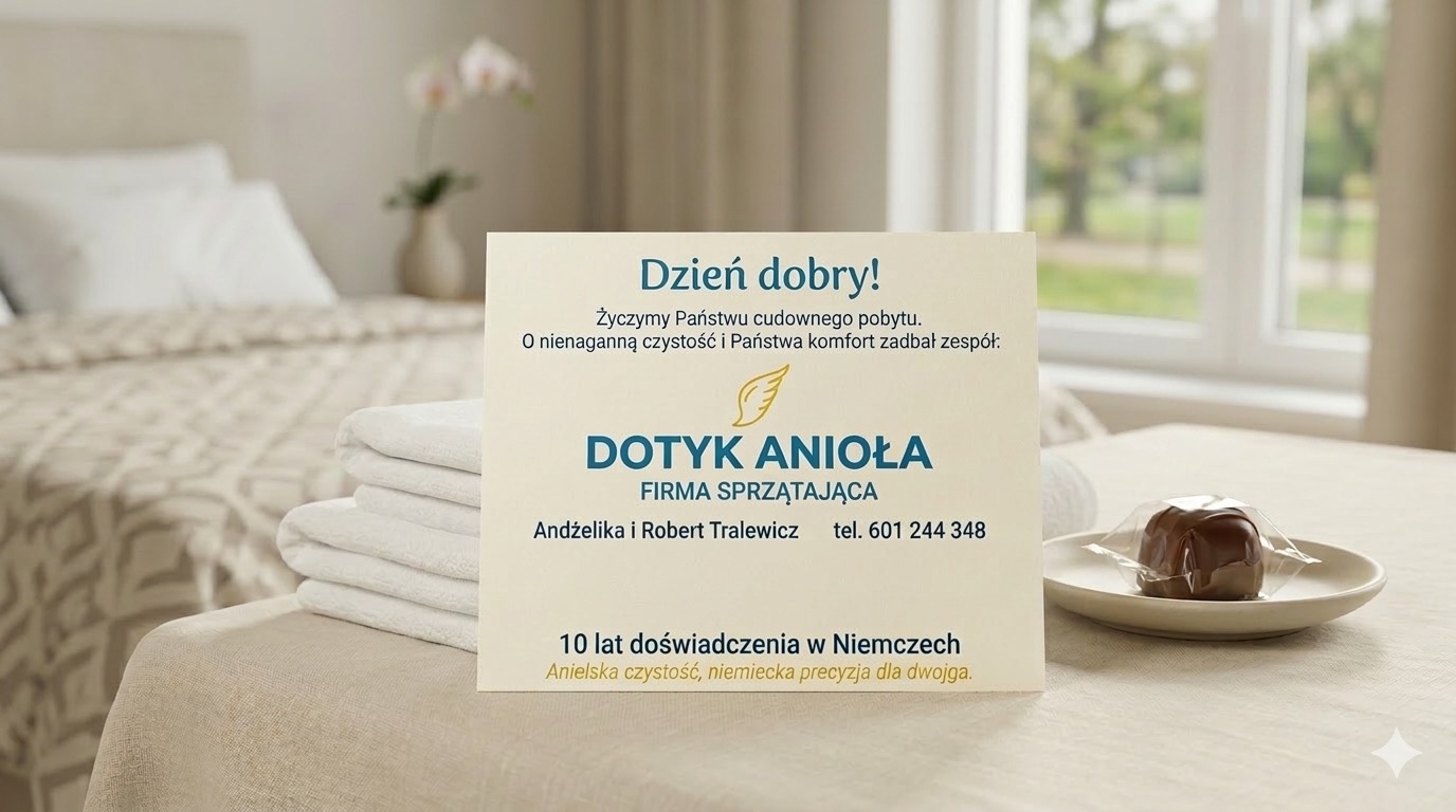 Karta firmy sprzątającej 'Dotyk Anioła' na tle posłanego łóżka i stosu ręczników, obok czekoladka. Akcent na czystość i komfort w ofercie.