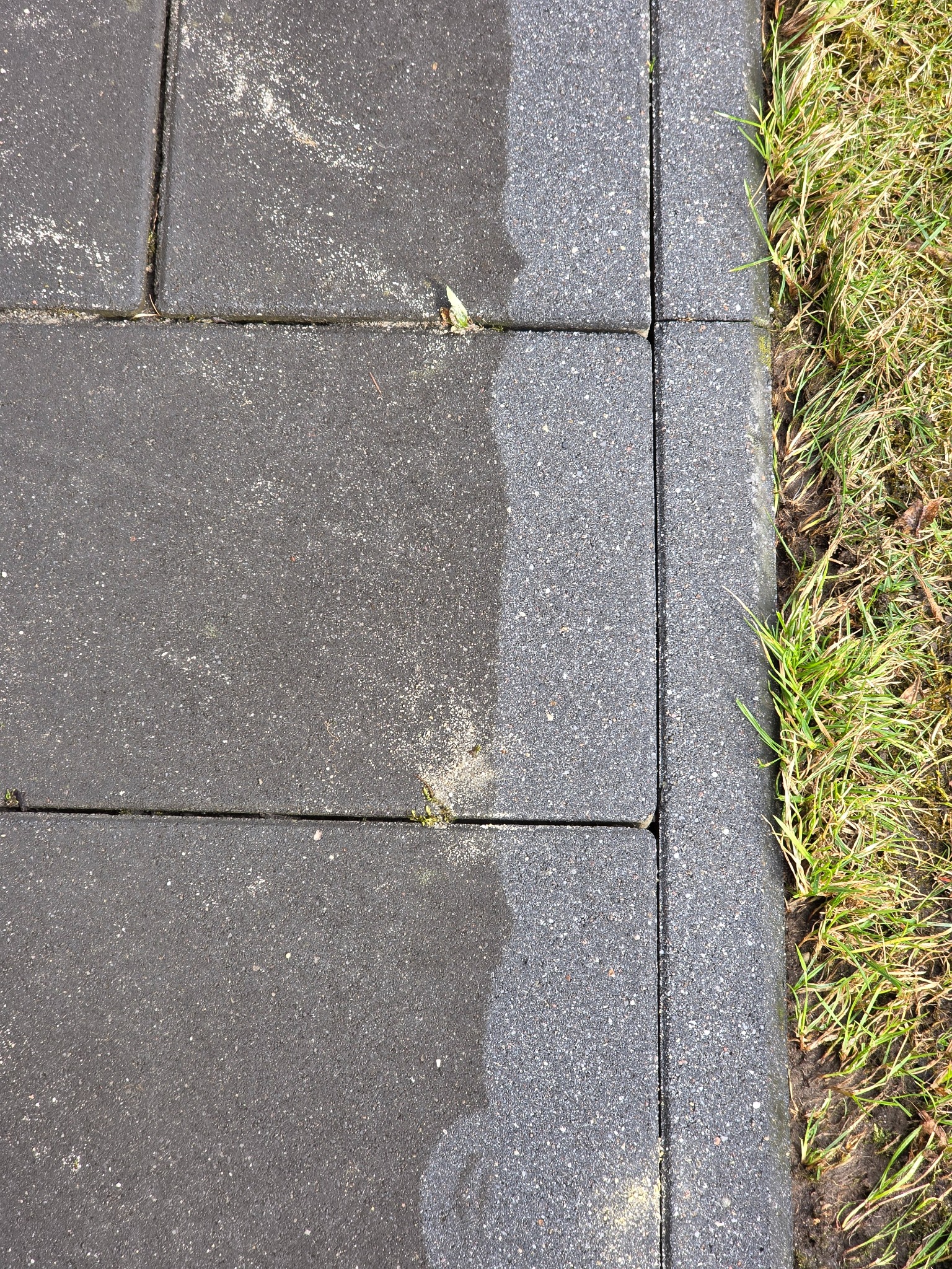 Częściowo umyta, szara kostka brukowa sąsiadująca z zieloną trawą. Widoczna różnica w czystości powierzchni kostki.