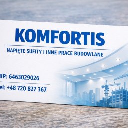 Komfortis - Wizytówka firmy KOMFORTIS z ofertą: sufity napinane i inne prace budowlane. Na wizytówce NIP, telefon i grafika z sufitami i budową.