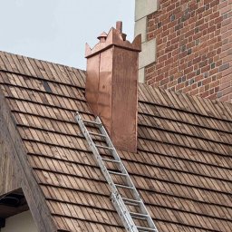 Jakub Taczka - Dach kryty drewnianym gontem z miedzianym kominem o zdobieniach, oparty o ceglany budynek. Przystawiona drabina sugeruje prace dekarskie.