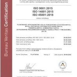 MEGA SERVICE CENTRUM SPÓŁKA Z OGRANICZONĄ ODPOWIEDZIALNOŚCIĄ - Certyfikat ISO 9001:2015, ISO 14001:2015 i ISO 45001:2018 firmy Mega-Service Plus Sp. z o.o. z datami ważności. Dokument w pionowym układzie, czytelny tekst.