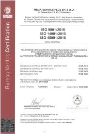 Certyfikat ISO 9001:2015, ISO 14001:2015 i ISO 45001:2018 firmy Mega-Service Plus Sp. z o.o. z datami ważności. Dokument w pionowym układzie, czytelny tekst.