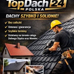 TopDach24 - Baner reklamowy firmy dekarskiej TopDach24 Polska: dekarz w kasku montuje dachówkę, obok zdjęcia domów z nowymi dachami. Oferta: dachy szybko i solidnie, bez zaliczki, gwarancja.
