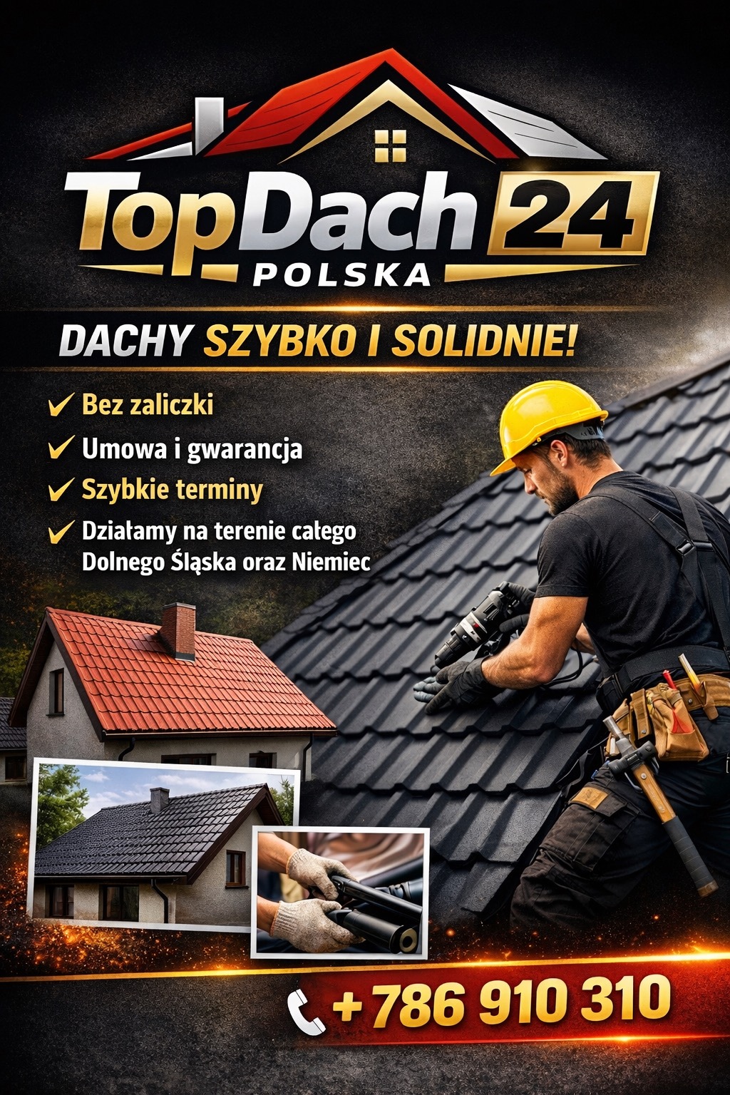 Baner reklamowy firmy dekarskiej TopDach24 Polska: dekarz w kasku montuje dachówkę, obok zdjęcia domów z nowymi dachami. Oferta: dachy szybko i solidnie, bez zaliczki, gwarancja.