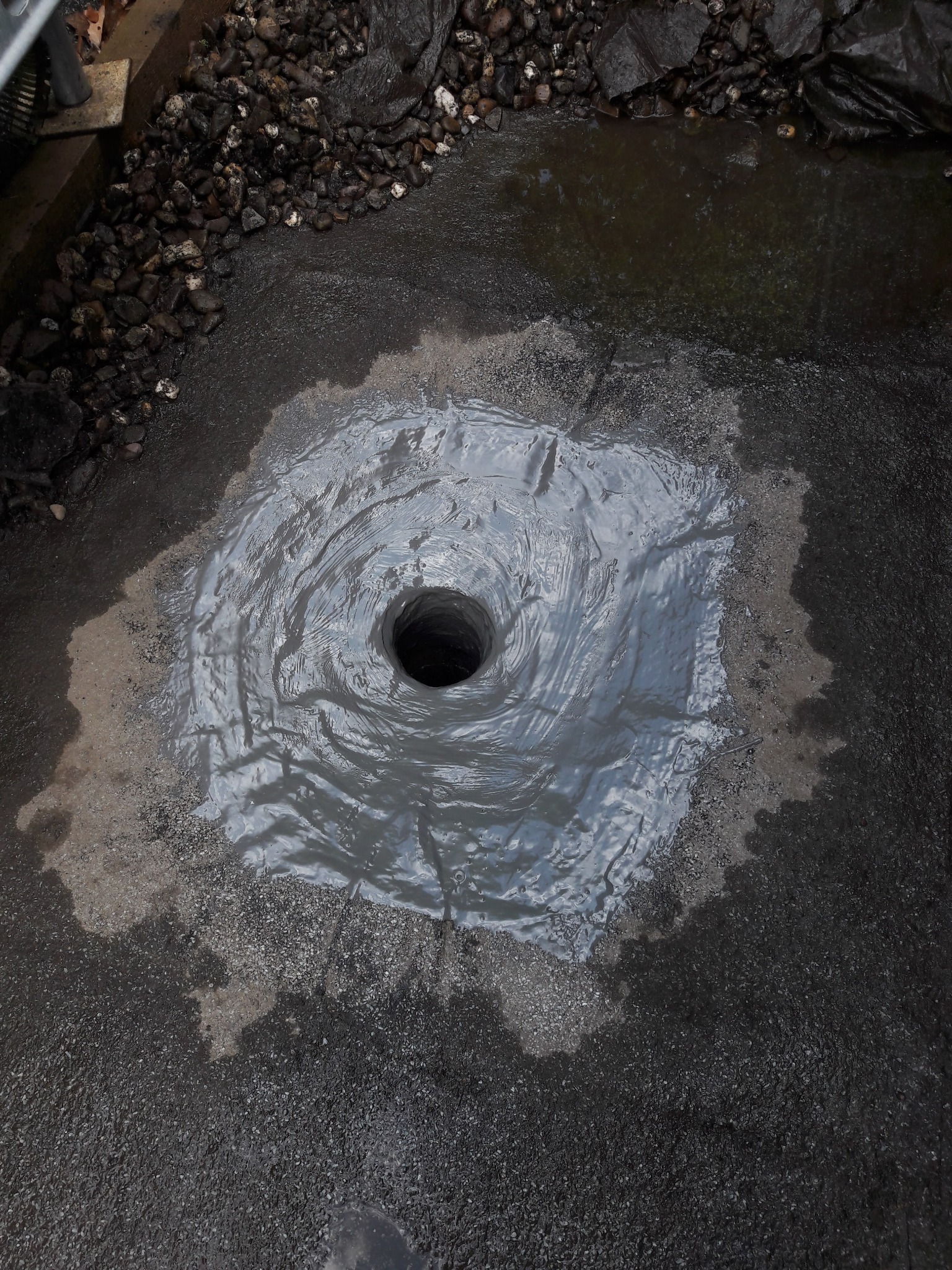 Otwór w ziemi wypełniony wodą, tworzący wir. Widoczne kamienie i mokra nawierzchnia wokół. Ujęcie z góry, podkreślające głębię otworu.