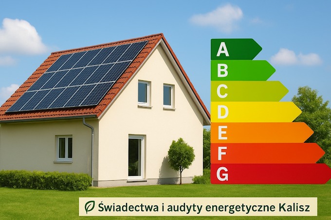Dom z panelami słonecznymi i klasą energetyczną w Kaliszu. Grafika informacyjna o efektywności energetycznej budynku. Błękitne niebo w tle.