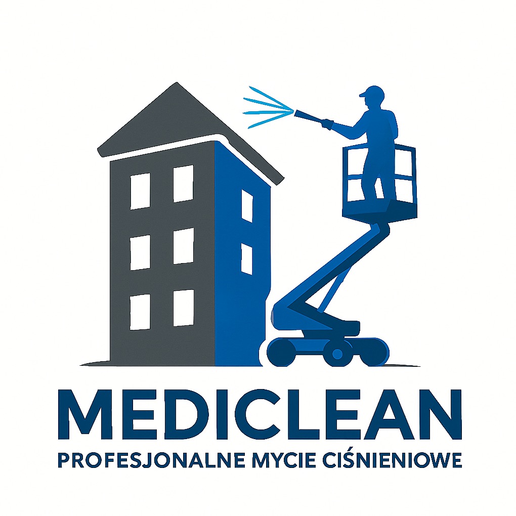 Grafika: Stylizowany budynek myty ciśnieniowo z podnośnika przez osobę. Logo firmy Mediclean z hasłem: Profesjonalne mycie ciśnieniowe.
