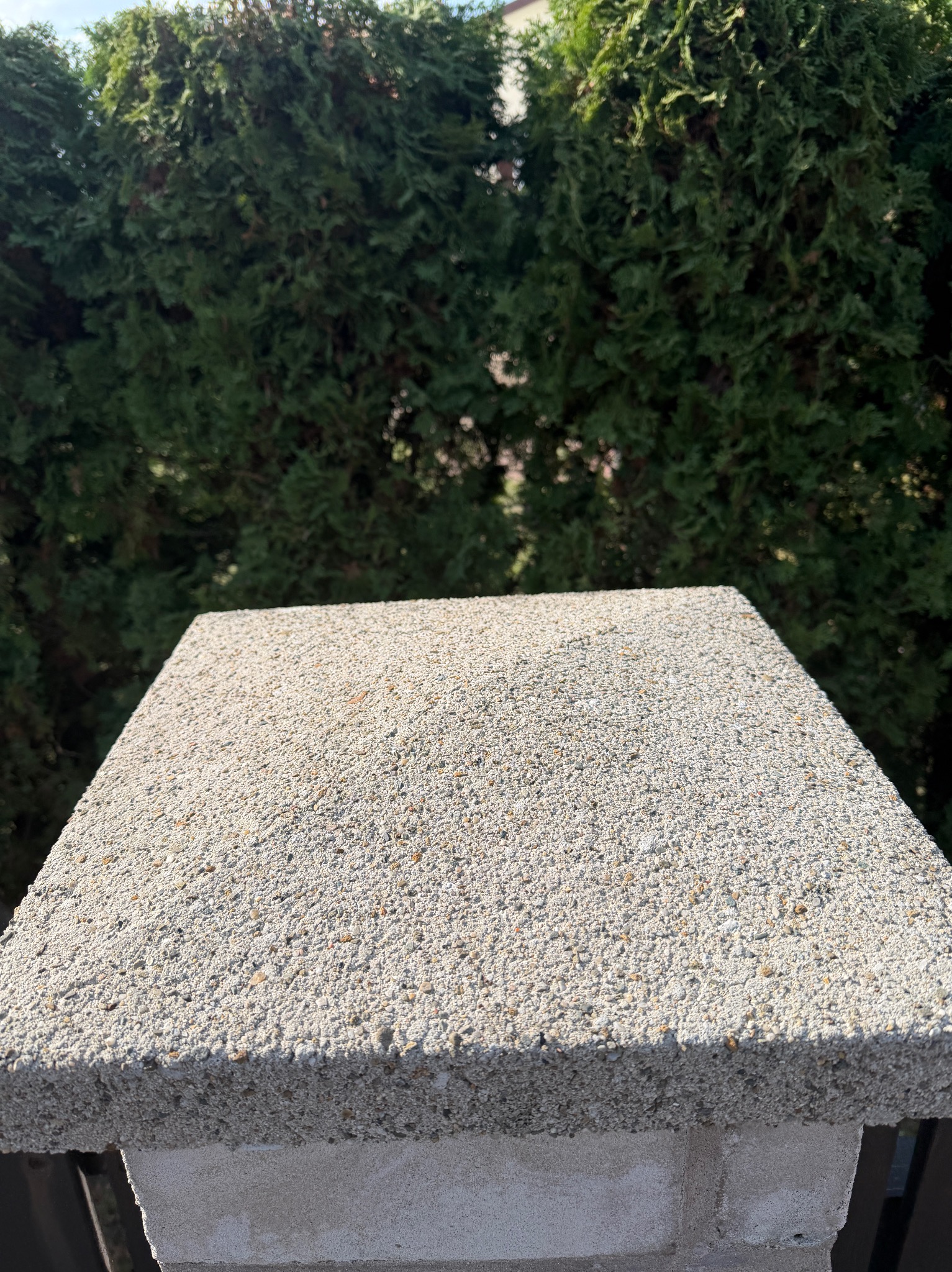 Szary, betonowy słupek ogrodzeniowy z fakturą, na tle zielonych krzewów. Widoczne drobne kamyczki w strukturze betonu. Słoneczne oświetlenie.