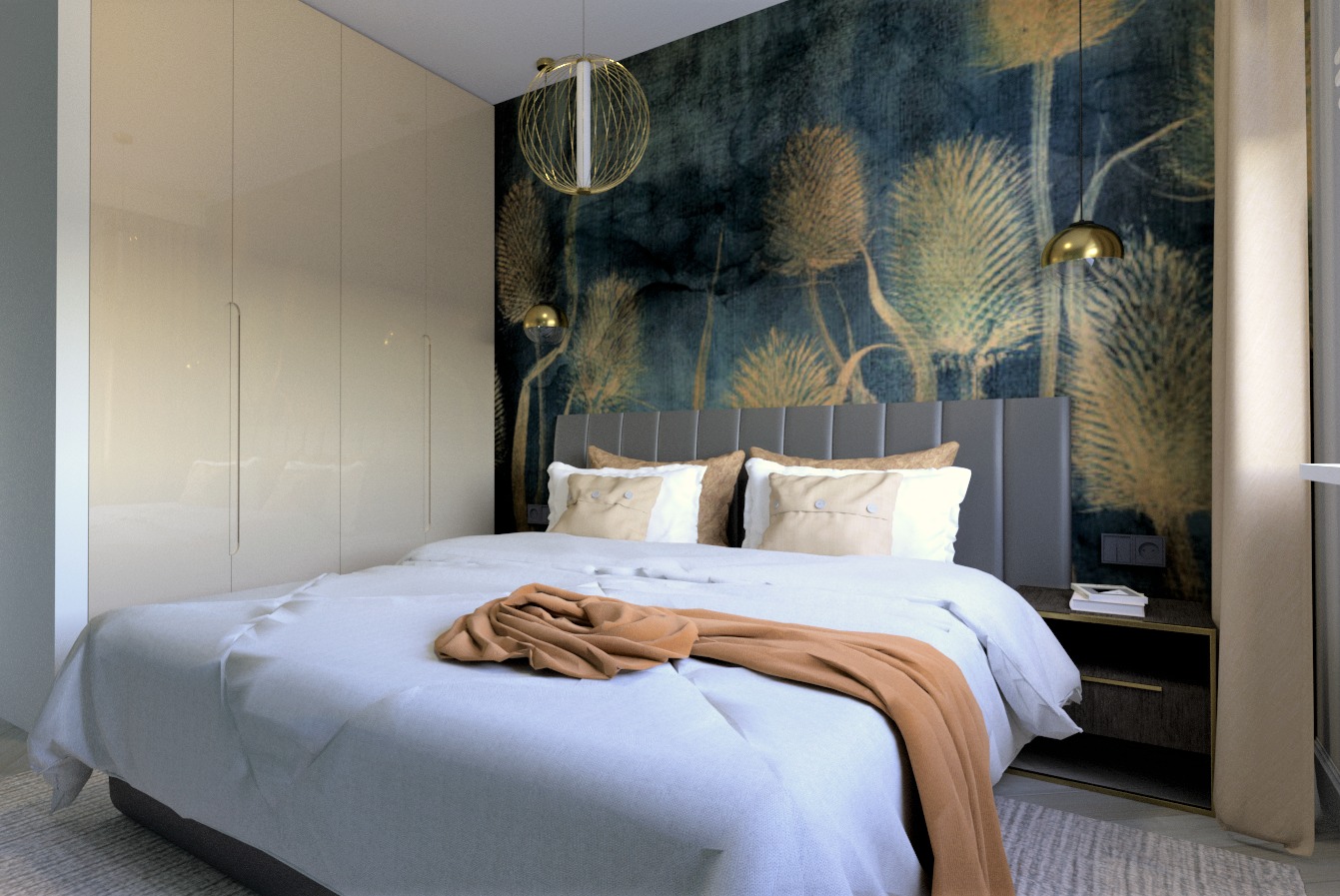 Sypialnia z łóżkiem, szafką nocną i tapetą w roślinny wzór. Złote lampy wiszące i szafa w zabudowie. Nowoczesny design z akcentami kolorystycznymi.