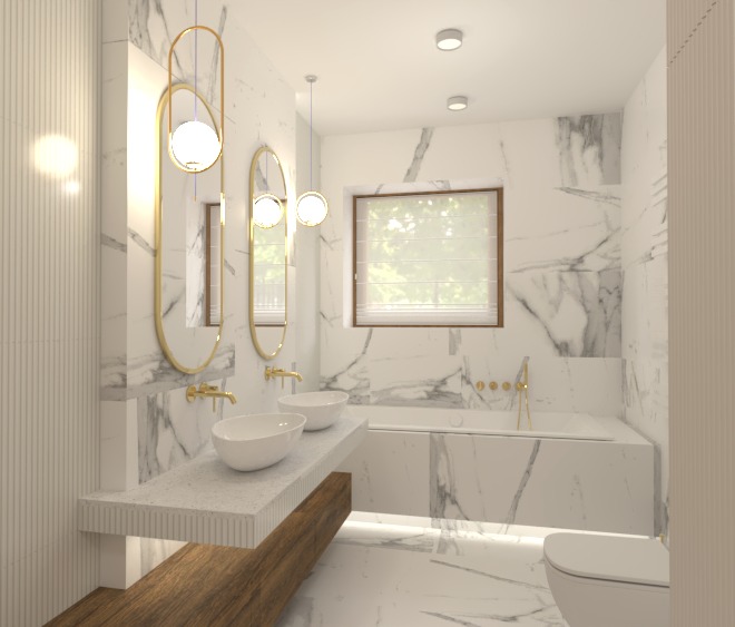 Elegancka łazienka z marmurowymi ścianami, owalnymi lustrami w złotych ramach i podwieszaną umywalką na drewnianym blacie. Minimalistyczny design z subtelnym oświetleniem.