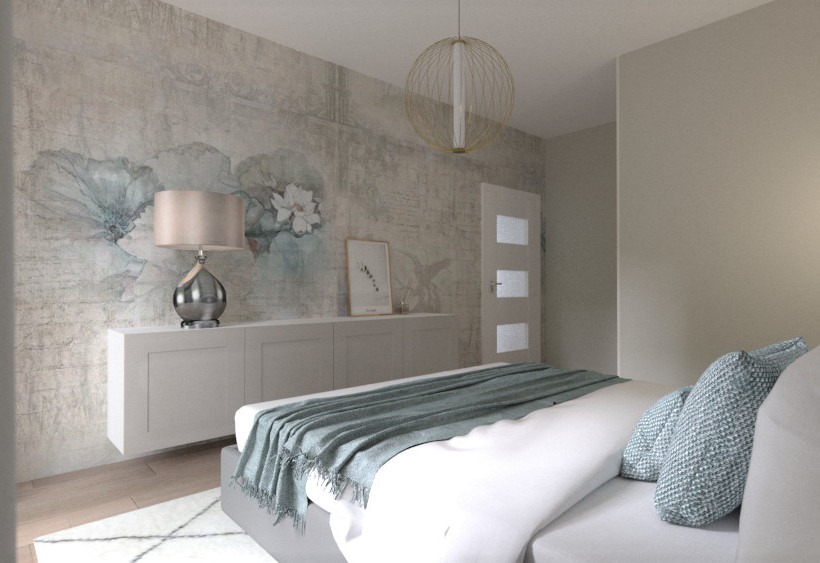 Sypialnia z łóżkiem, komodą i lampą. Na ścianie tapeta z motywem kwiatowym. Złota lampa wisząca. Minimalistyczny design, stonowana kolorystyka.