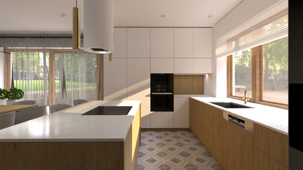Nowoczesna kuchnia z wyspą, jasnymi frontami i drewnianymi akcentami. Duże okno z widokiem na zieleń. Minimalistyczny okap i geometryczna podłoga.