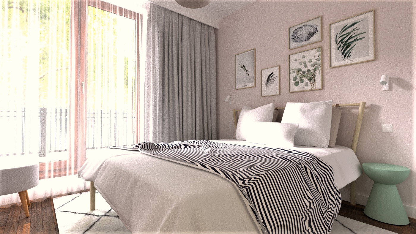 Jasna sypialnia z balkonem: łóżko z białą pościelą i czarno-białą narzutą, grafiki na ścianie, pastelowe kolory, minimalistyczny styl, okno balkonowe z firankami.