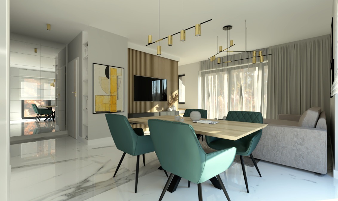 Wnętrze jadalni z turkusowymi krzesłami i drewnianym stołem. W tle salon z sofą i telewizorem na ścianie z drewnianymi panelami. Lustrzana ściana powiększa przestrzeń.