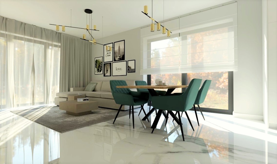 Jasne wnętrze z turkusowymi krzesłami przy drewnianym stole. W tle sofa, okno z roletami rzymskimi i galeria czarno-białych grafik na ścianie.