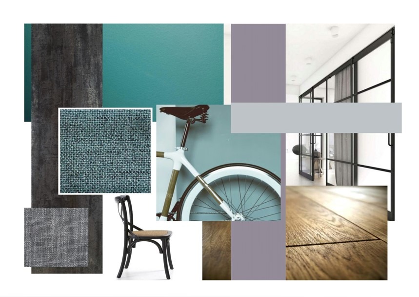 Moodboard z próbkami materiałów wykończeniowych, rowerem i krzesłem na tle kolorowych płaszczyzn. Inspiracja do aranżacji wnętrz w stylu nowoczesnym.