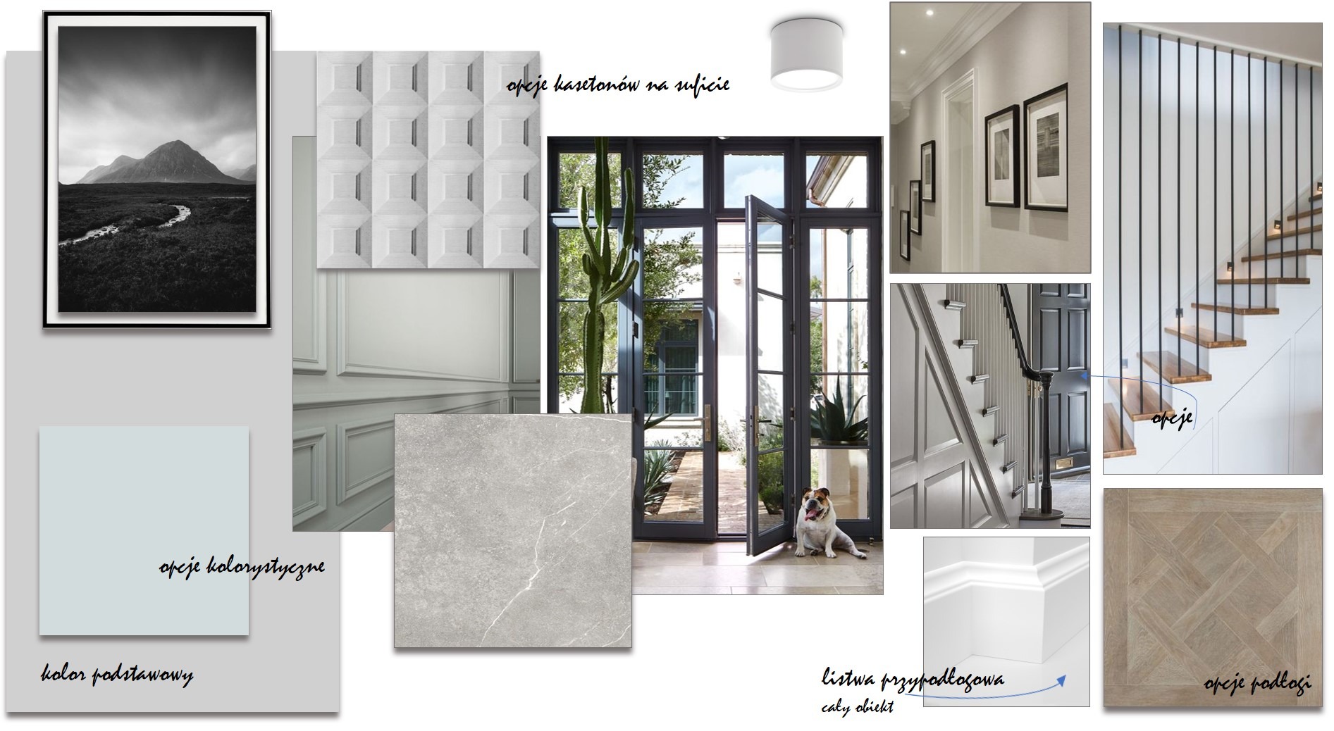 Moodboard wnętrzarski: inspiracje kolorystyczne, kasetony sufitowe, listwy przypodłogowe, opcje podłogi, widok na zewnątrz przez przeszklone drzwi, pies rasy bulldog.