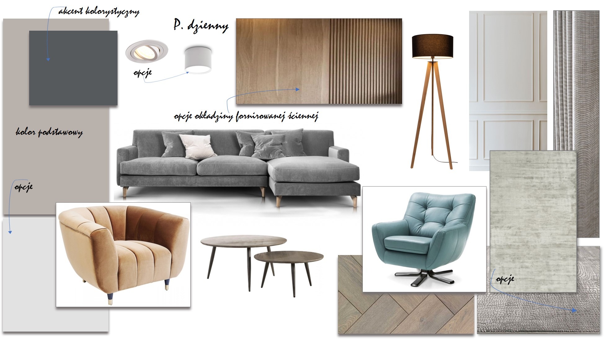 Moodboard wnętrzarski: sofa narożna, fotel welurowy, stoliki kawowe, lampa podłogowa, panele ścienne i próbki kolorystyczne. Koncepcja aranżacji salonu.