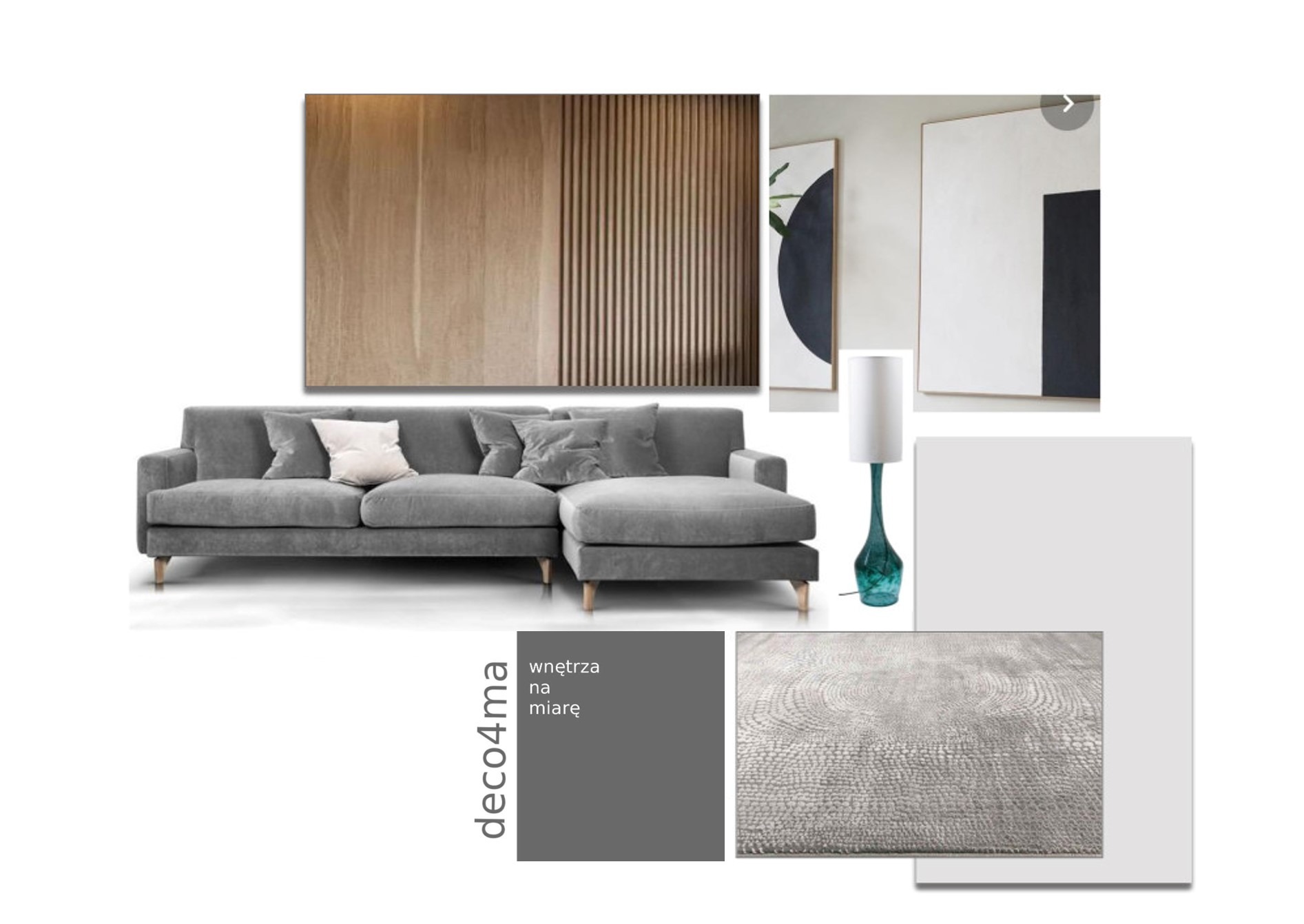 Moodboard wnętrza: szara sofa z poduszkami, drewniana ściana z lamelami, abstrakcyjne obrazy, lampa z turkusową podstawą i dywan w odcieniach szarości.