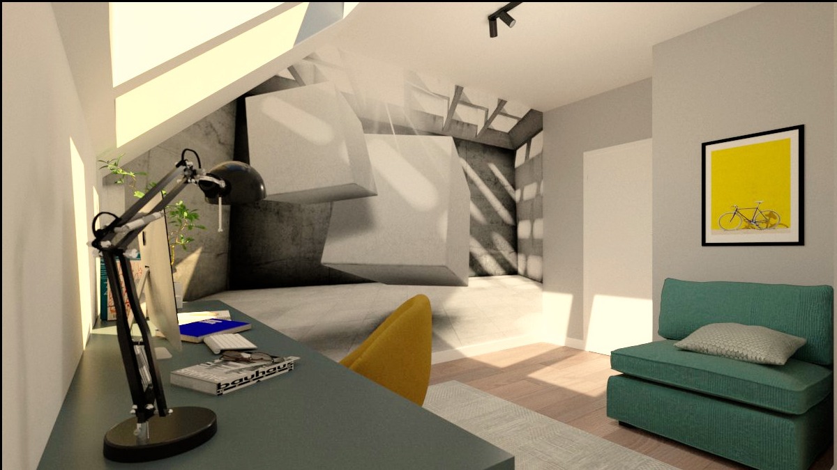 Wizualizacja pokoju z biurkiem, lampką, sofą i abstrakcyjną grafiką na ścianie. Nowoczesny design z elementami loftu i minimalistycznym oświetleniem.