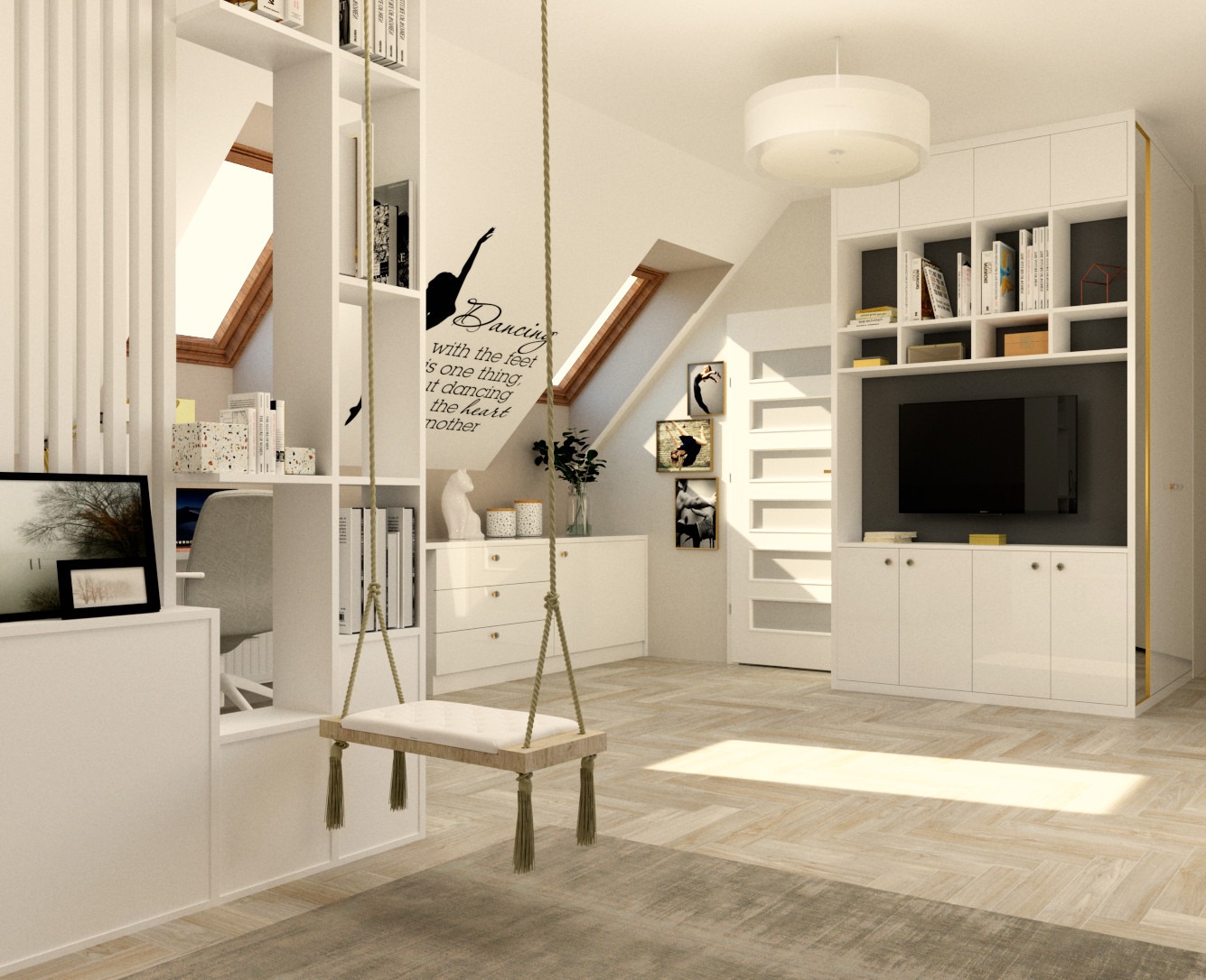 Jasne wnętrze poddasza z huśtawką, białymi meblami i oknami dachowymi. Minimalistyczny design z akcentem na naturalne światło i drewniane podłogi.