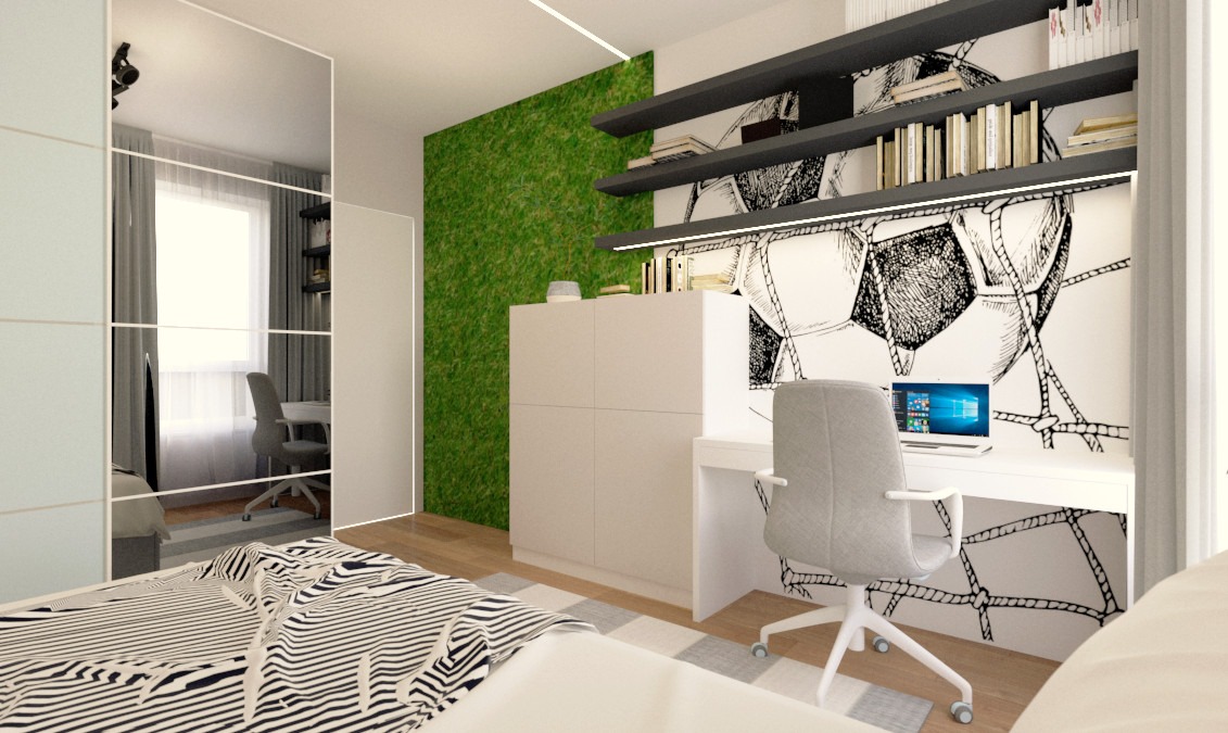 Pokój młodzieżowy z biurkiem, krzesłem i ścianą z motywem piłki nożnej. Na ścianie półki z książkami, obok szafka i zielona ściana. W tle lustrzane drzwi szafy.