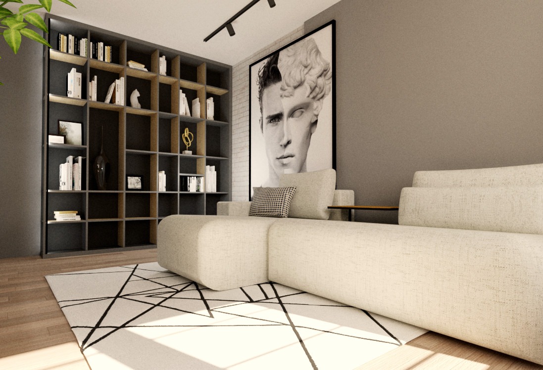 Jasny salon z modułową sofą, regałem na książki i grafiką w czarnej ramie. Geometryczny wzór dywanu. Nowoczesne wnętrze z akcentami sztuki.