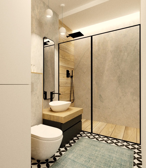 Nowoczesna łazienka z kabiną typu walk-in, umywalką nablatową i lustrem w czarnej ramie. Drewniane akcenty i geometryczne płytki podłogowe.