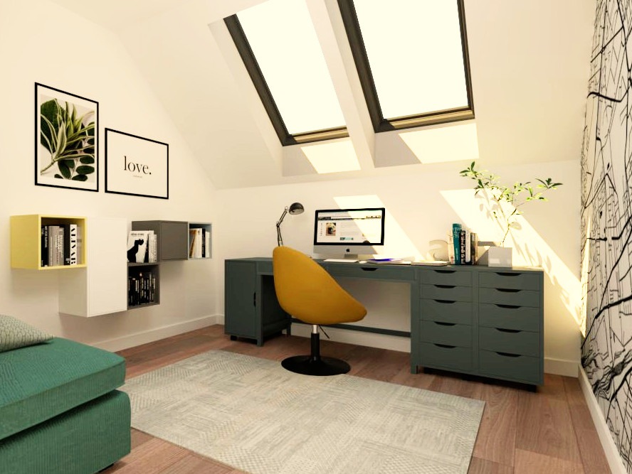 Aranżacja pokoju z biurkiem, żółtym krzesłem i oknami dachowymi. Na ścianie grafika z rośliną i napis 'love'. Nowoczesny wystrój wnętrza.