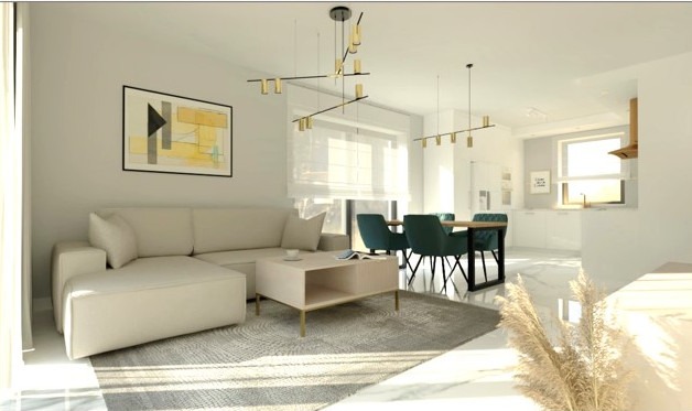 Jasne wnętrze z narożną sofą, stolikiem kawowym i jadalnią z zielonymi krzesłami. Nowoczesne lampy wiszące i abstrakcyjny obraz na ścianie. Minimalistyczny design.