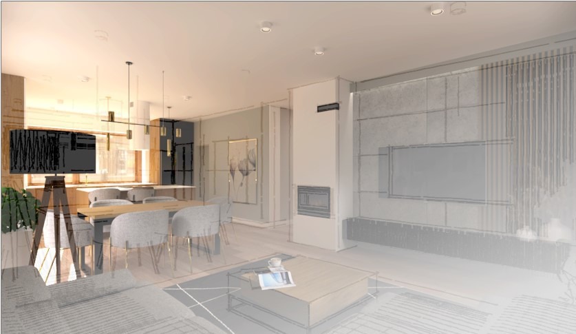 Wnętrze salonu z jadalnią w stylu skandynawskim: drewniany stół, szare krzesła, lampy wiszące, kominek i telewizor na ścianie. Częściowo szkicowany wygląd.