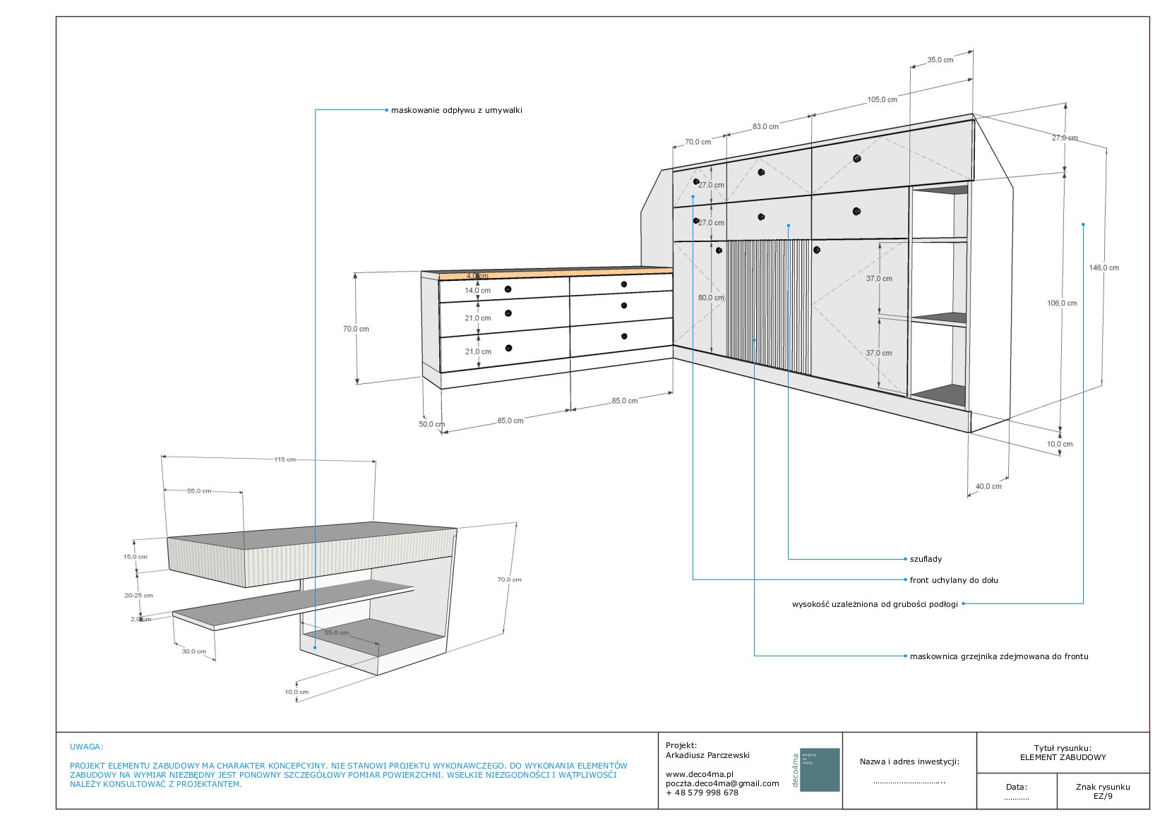 Rzut izometryczny projektu zabudowy meblowej łazienki z wymiarami, prezentujący szafki pod umywalkę, szafę i maskownicę grzejnika. Elementy opisane.