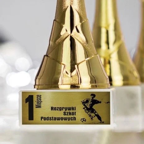 Złoty puchar z napisem 'Rozgrywki Szkół Podstawowych' i grafiką piłkarza, ustawiony w rzędzie z innymi pucharami na rozmytym tle.