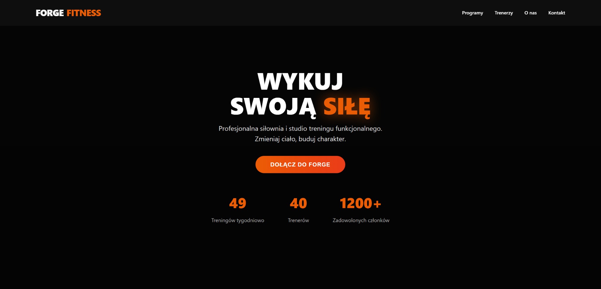 Strona internetowa siłowni Forge Fitness z hasłem 'Wykuć swoją siłę', przyciskiem 'Dołącz do Forge' i informacją o 49 treningach tygodniowo, 40 trenerach i 1200+ zadowolonych klientach.