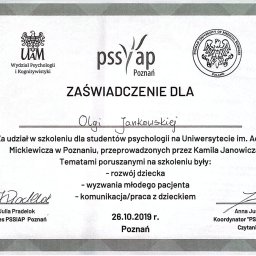 Olga Jankowska - Skan zaświadczenia dla Olgi Jankowskiej o udziale w szkoleniu dla studentów psychologii, z logotypami UAM i PSSIAP Poznań, datowane na 26.10.2019.