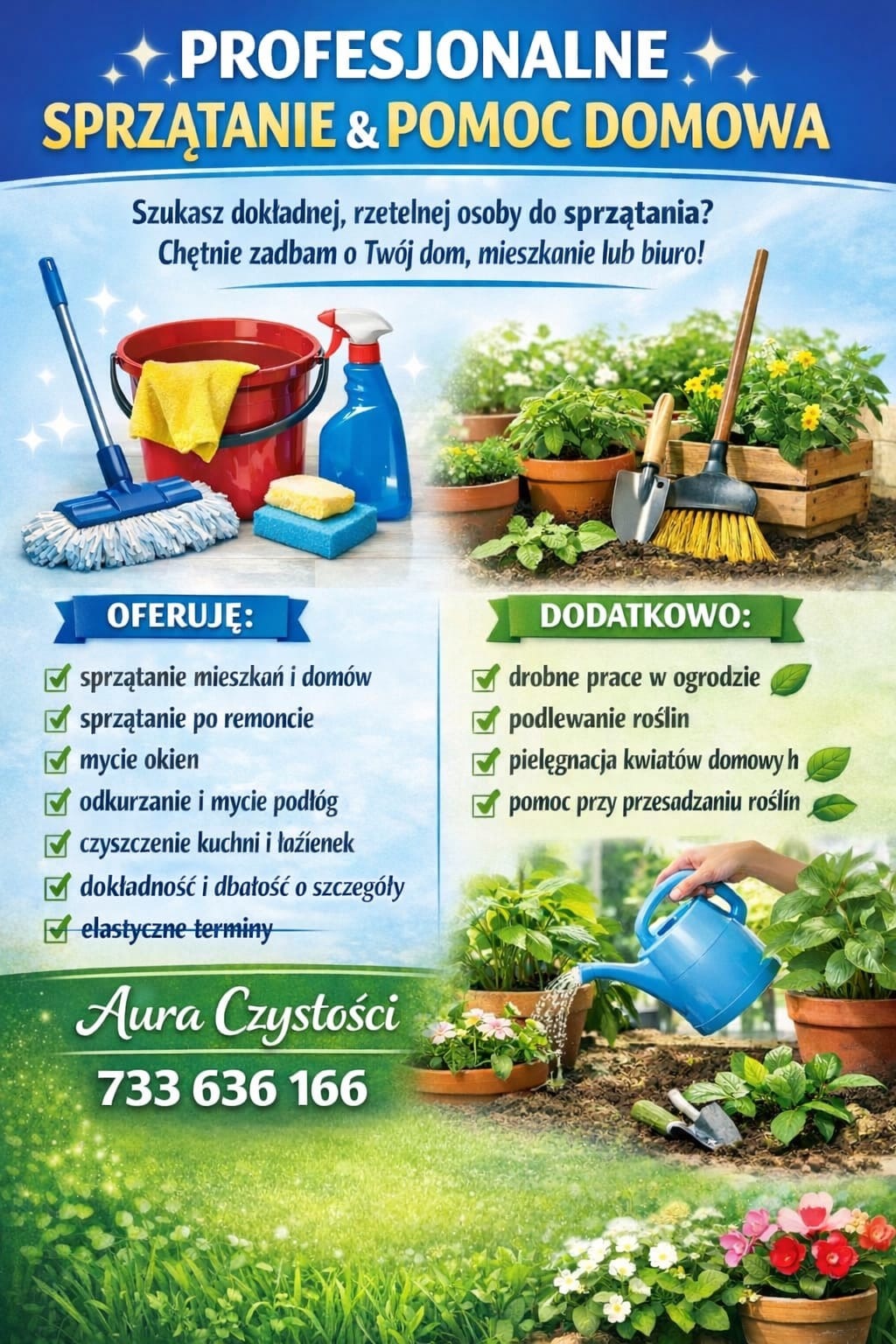 Profesjonalne sprzątanie i pomoc domowa: mop, wiadro, środki czystości, rośliny doniczkowe, podlewanie, pielęgnacja. Aura Czystości, 733 636 166.