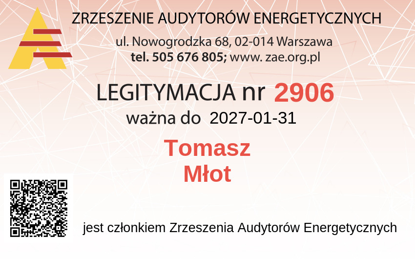 Legitymacja nr 2906, ważna do 2027-01-31, Tomasza Młota, członka Zrzeszenia Audytorów Energetycznych. Adres: ul. Nowogrodzka 68, Warszawa. Kod QR w lewym dolnym rogu.