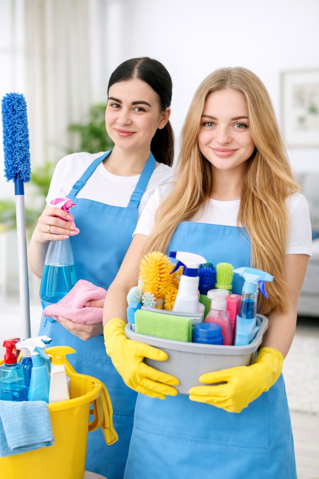 Dwie uśmiechnięte kobiety w niebieskich fartuchach trzymające wiadro i pojemnik ze środkami czystości w jasnym wnętrzu.