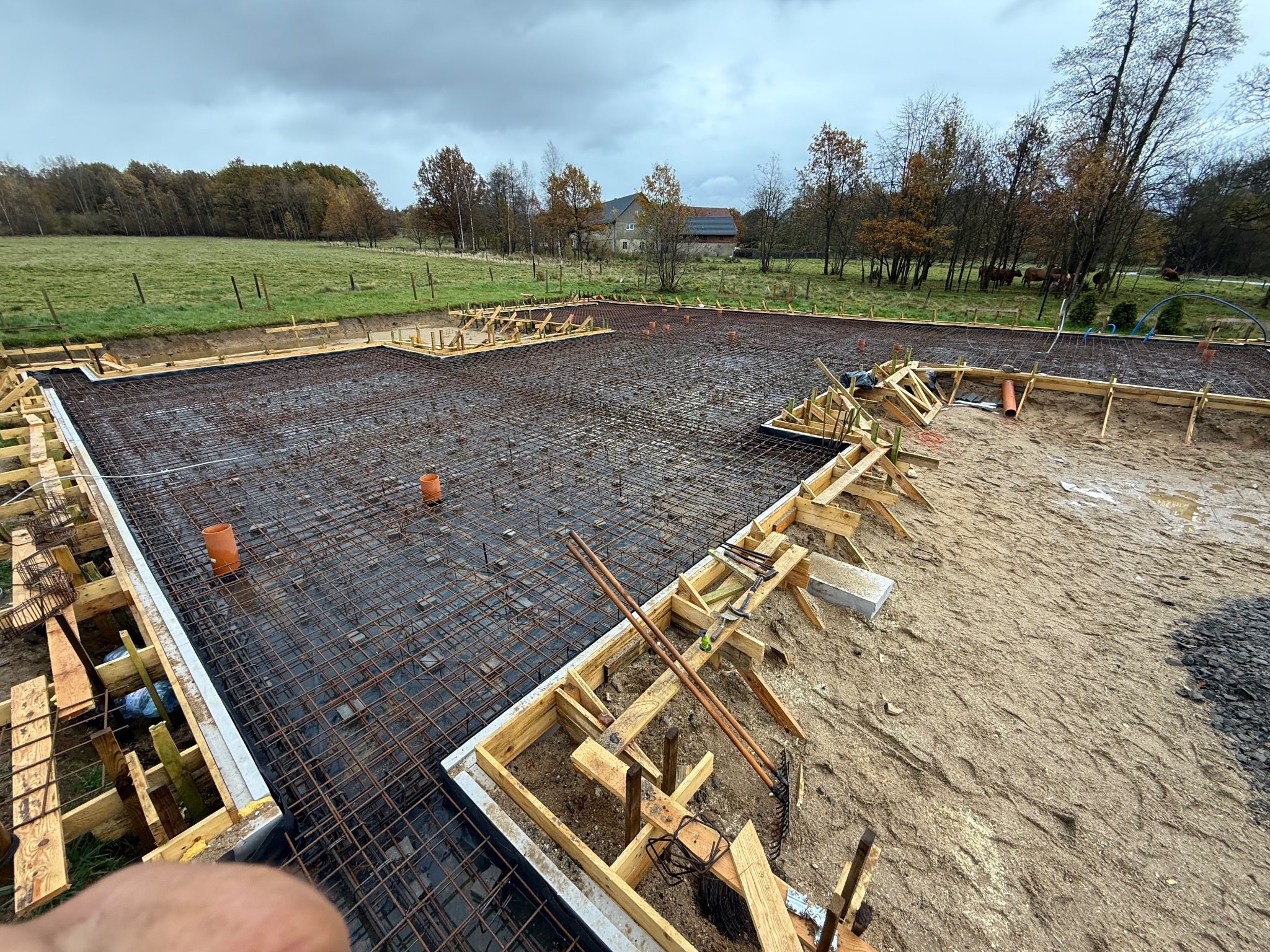 Zbrojenie fundamentów domu jednorodzinnego z widoczną siatką zbrojeniową, szalunkiem drewnianym i wystającymi rurami kanalizacyjnymi na tle jesiennego krajobrazu.