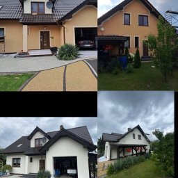 DAM BUD - Fotografia domu przed i po malowaniu elewacji. Widoczne zmiany kolorystyki i odświeżony wygląd budynku. Porównanie stanu przed i po renowacji.