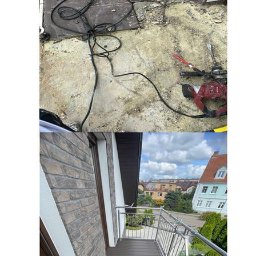 DAM BUD - Remont balkonu: widok przed i po. Na górze gruz, narzędzia i wiadra. Na dole nowy, wykończony balkon z drewnianą podłogą i metalową barierką. Widok na okolicę.