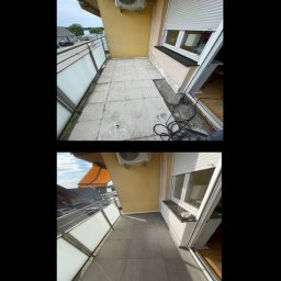 DAM BUD - Balkon przed i po remoncie: stare, szare płytki kontra nowe, grafitowe. Widoczne narzędzia i klimatyzator. Ujęcie z góry, prezentujące efekt metamorfozy.