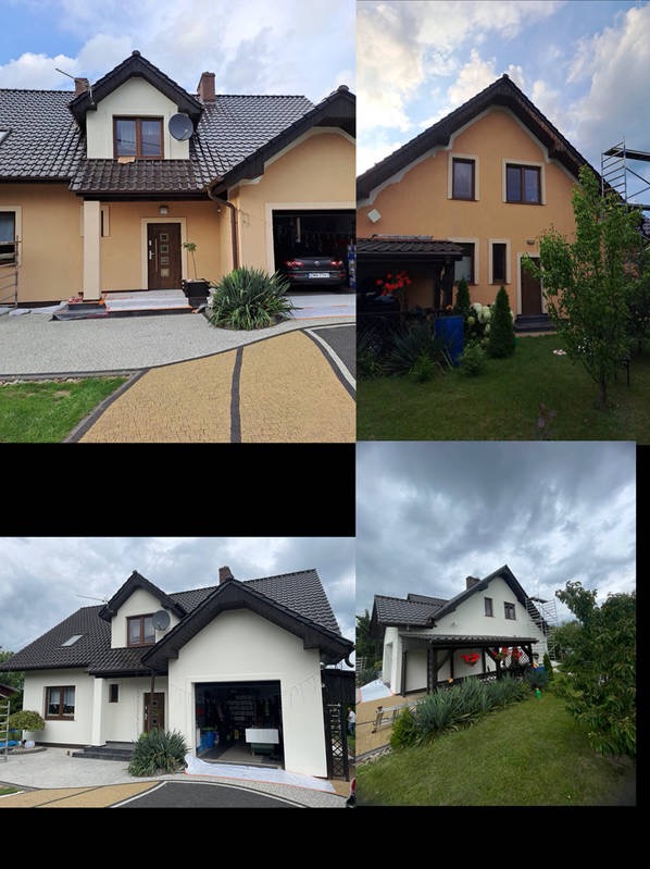 Fotografia domu przed i po malowaniu elewacji. Widoczne zmiany kolorystyki i odświeżony wygląd budynku. Porównanie stanu przed i po renowacji.