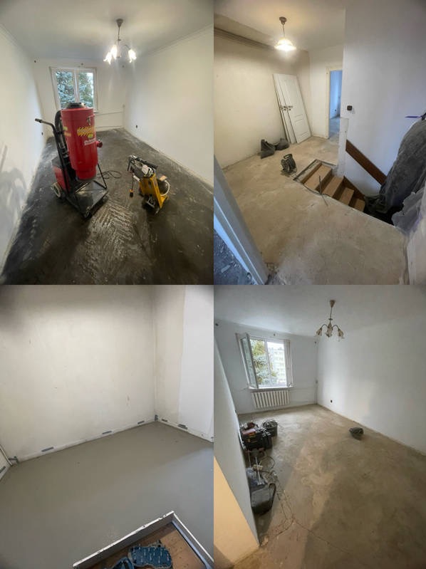 Mozaika zdjęć z remontu: szlifowanie posadzki maszyną, przygotowanie podłoża, wylewka samopoziomująca. Widoczne narzędzia i etapy prac w pomieszczeniach.