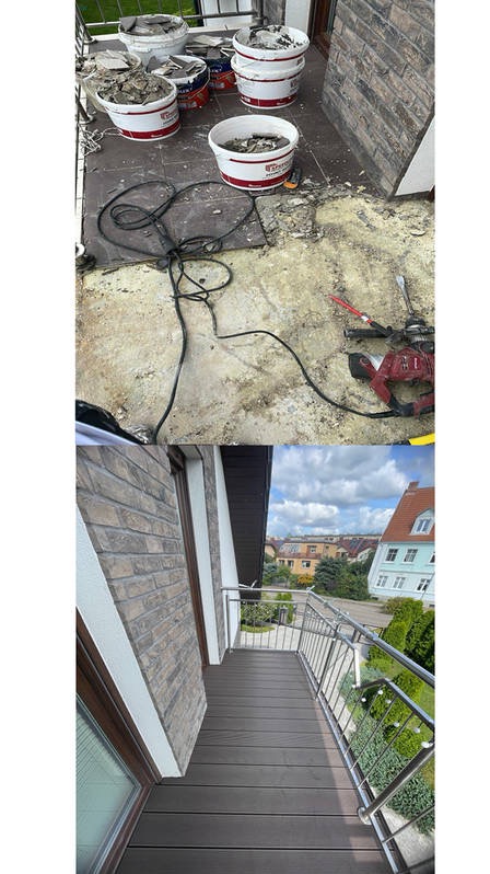 Remont balkonu: widok przed i po. Na górze gruz, narzędzia i wiadra. Na dole nowy, wykończony balkon z drewnianą podłogą i metalową barierką. Widok na okolicę.