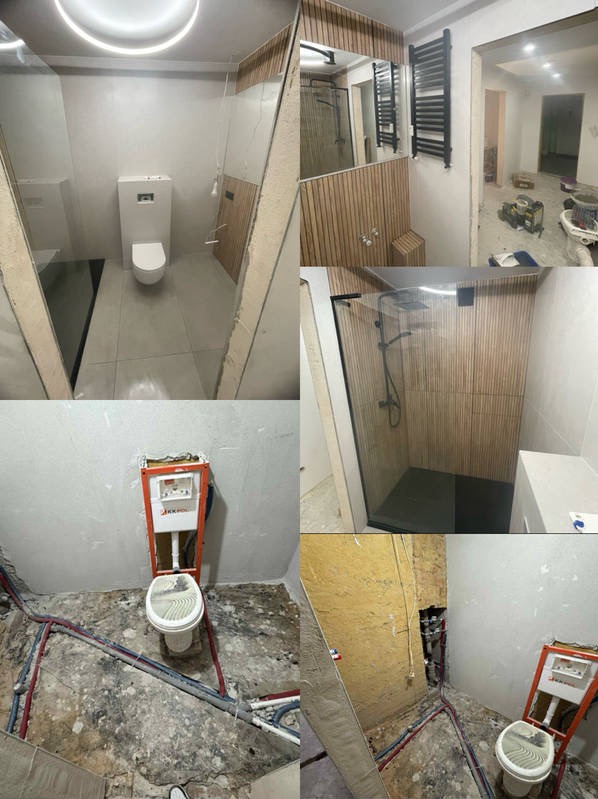 Mozaika zdjęć: łazienka w trakcie i po remoncie. Widoczne etapy prac, od instalacji po wykończoną kabinę prysznicową z drewnianymi panelami i nowoczesną toaletę.