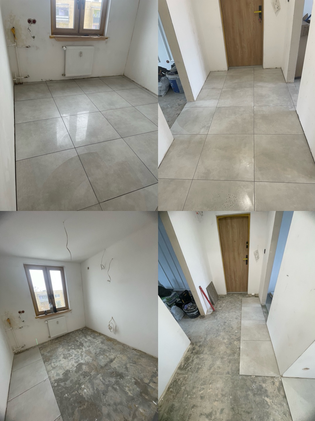 Kolaż: pokój z ułożoną jasną terakotą i grzejnikiem pod oknem; korytarz z nową podłogą z płytek; pokój przed położeniem płytek; korytarz w trakcie układania podłogi.